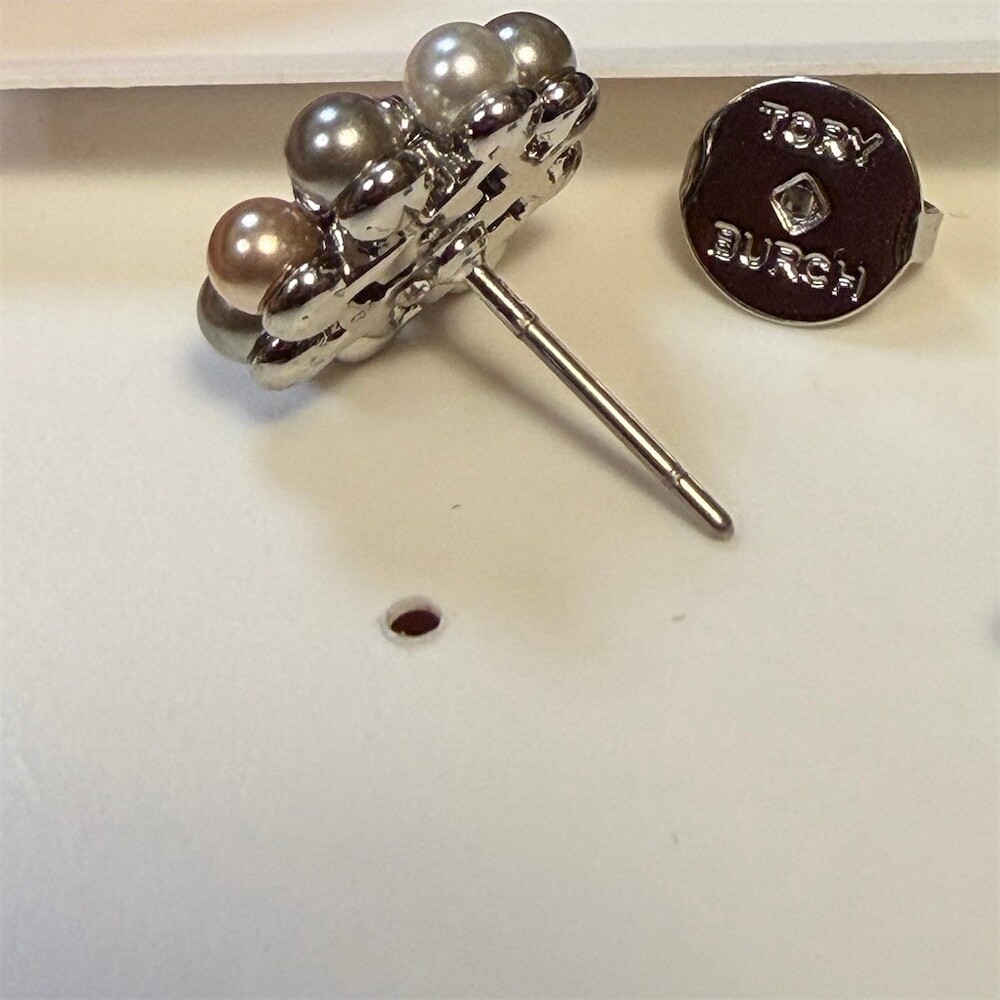 Tory Burch Kira Stud Silver Toned Earrings With Pearl and Crystal Cluster - Picture 3 of 3